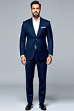 Azul Escuro 2 Peças Mangas Compridas Lapel Slim-Fit Fato Homem