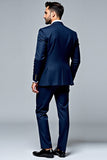 Azul Escuro 2 Peças Mangas Compridas Lapel Slim-Fit Fato Homem