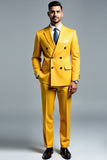 Homens amarelo duplo peito 2 peças Notched lapela Fato de Festa