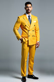 Homens amarelo duplo peito 2 peças Notched lapela Fato de Festa