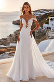 Marfim Linha-A Ombro Frio Chiffon Longos Vestido de Noiva com Renda