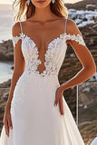 Marfim Linha-A Ombro Frio Chiffon Longos Vestido de Noiva com Renda