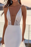 Marfim Sereia Renda Decote em V Sweep/Brush Trem Vestido de Noiva