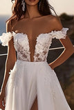 Vestidos de Noiva com Fenda Linha-A Fora do Ombro Marfim Longo Renda