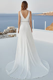 Vestido de Noiva com Fenda Decote em V Marfim Ruched Chiffon Longo Linha-A