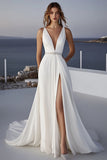 Vestido de Noiva com Fenda Decote em V Marfim Ruched Chiffon Longo Linha-A