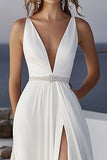 Vestido de Noiva com Fenda Decote em V Marfim Ruched Chiffon Longo Linha-A