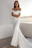 Sereia Marfim Fora do Ombro Ruched Chiffon Longos Vestido de Noiva