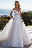 Vestido de Noiva Fora do Ombro Renda Tule Longo Linha-A Vestidos de Noivado