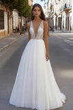 Vestido de Noiva Decote em V Renda Tule Marfim Longo Linha-A
