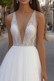 Vestido de Noiva Decote em V Renda Tule Marfim Longo Linha-A