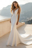 Vestido de Noiva Marfim Cetim Decote em V Sereia Longo