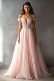 Tule Rosa Fora do Ombro Linha-A Longo Vestido de Baile