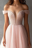 Tule Rosa Fora do Ombro Linha-A Longo Vestido de Baile