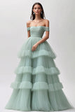 Verde Claro Fora do Ombro Tule Longo Vestidos Baile De Finalistas