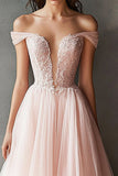 Vestido De Baile Rosa Renda Fora do Ombro Longo Linha-A