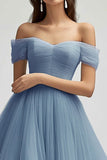 Off The Shoulder Cinza Azul Uma Linha Tule Long Prom Dress