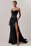 Vestidos Cerimónia com Fenda Preto Cetim Longo Sem Alças