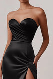 Vestidos Cerimónia com Fenda Preto Cetim Longo Sem Alças