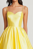 Vestido De Baile Cetim Amarelo Linha-A Longo Alças Finas