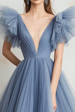 Vestido De Baile Longo Cinzento Azul Tule Linha-A Decote em V
