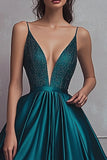 Brilhante Verde Escuro Linha-A Cetim Longo Vestido De Baile com Fenda