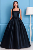 Preto Linha-A Pescoço Quadrado Cetim Longo Vestidos Cerimónia
