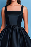 Preto Linha-A Pescoço Quadrado Cetim Longo Vestidos Cerimónia