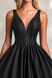 Vestidos Cerimónia Preto Linha-A Decote em V Cetim Longo