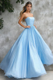 Vestido De Baile Azul Céu Linha-A Longo Sem Alças