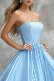 Vestido De Baile Azul Céu Linha-A Longo Sem Alças