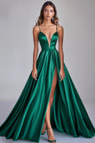 Vestidos Cerimónia com Fenda Longo Verde Escuro Linha-A Cetim