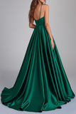 Vestidos Cerimónia com Fenda Longo Verde Escuro Linha-A Cetim