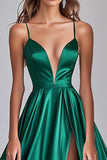 Vestidos Cerimónia com Fenda Longo Verde Escuro Linha-A Cetim
