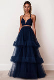 Vestido De Baile Longo Marinha Linha-A Tule Alças Finas