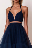 Vestido De Baile Longo Marinha Linha-A Tule Alças Finas