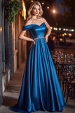 Vestidos Cerimónia Longo Azul Real Linha-A Fora do Ombro Cetim