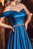 Vestidos Cerimónia Longo Azul Real Linha-A Fora do Ombro Cetim