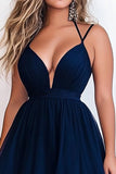 Vestido de Baile Marinha Alças Finas Tule Longo Linha-A