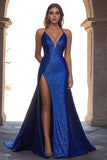 Linha-A Azul Real Lantejoulas Decote em V Longo Vestido De Baile com Fenda