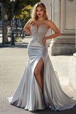 Vestido de Baile com Fenda Sereia Longo Prata Brilhante Sem Alças