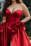 Vestido de Baile com Fenda Vermelho Longo Sem Alças Linha-A