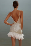Branco Bodycon Esparguete Alças Lantejoulas Vestido Curto de Formatura