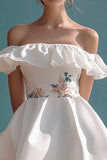 Floral Linha-A Fora do Ombro Curto Vestidinho Branco