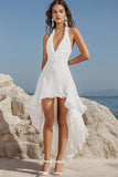 Linha-A Branco Cabeçada Assimétrico Vestidos Cerimónia