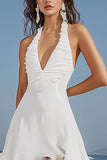 Linha-A Branco Cabeçada Assimétrico Vestidos Cerimónia