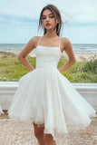Linha-A Alças Finas Tule Curto/Mini Vestidinho Branco