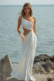 Vestidos de Noiva Branco Um Ombro Longo Plissado