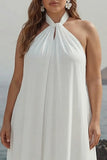 Vestido de Noivado Longo Sem Mangas com Decote Halter e Linha-A na cor Marfim