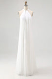 Vestido de Noivado Longo Sem Mangas com Decote Halter e Linha-A na cor Marfim